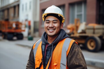 Fototapeta premium Portrait of a smiling young male construction worker