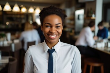 Portrait of a young waitress posing in the restaurant - obrazy, fototapety, plakaty