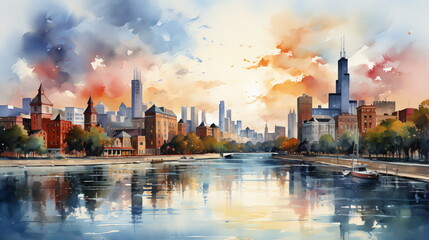 a watercolor big city skyline - obrazy, fototapety, plakaty