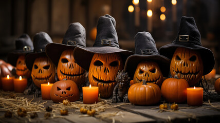 Vintage Halloween Collection - Jack-o'-Lanterns with Carved Witch Faces Ranging from Cute to Terrifying, AI-Generated