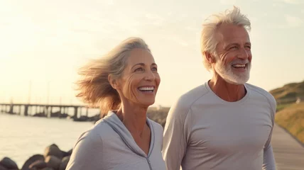 Foto op Canvas Senior couple jogging and walking on the beach and sea with sunset or sunrise sky background. © Virtual Art Studio
