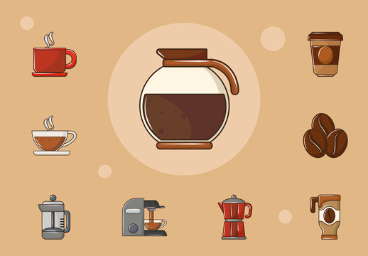 Vintage Coffee Drinks and Brewing Equipment Icons Set