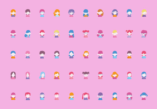 Pink and Purple People Avatar Face Mask Flat Icons Set