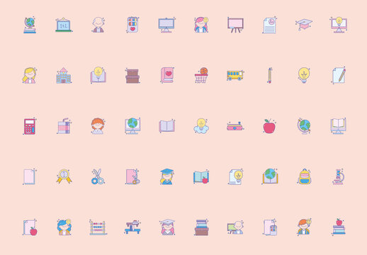 Pastel Flat Outline Education School Learning Icon Set