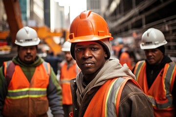 Portrait of young African American construction worker in the city
