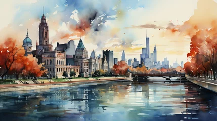 Peel and stick wall murals Watercolor painting skyscraper a watercolor big city skyline