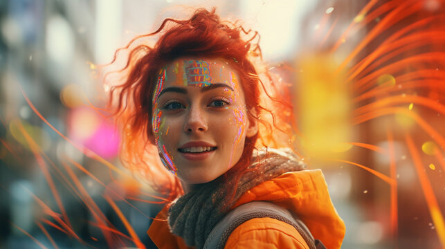 Bright And Happy Nft Action Spirit Character In Glitch Texture Style, Detail-oriented, Generative Cinematic Color Gradation Ai