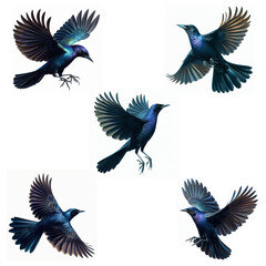 A set of flying Common Grackles isolated on a white background