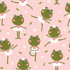Ballerina frogs seamless pattern. Vector illustration of cute characters in ballet tutus in different poses dancing ballet. Hand-drawn cartoon in a limited palette. Ideal for baby textiles, clothing. - obrazy, fototapety, plakaty