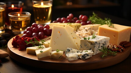 various types of cheese in wooden box on white wooden table, top view