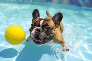 A brown and white France bulldog swimming in a pool with a yellow ball