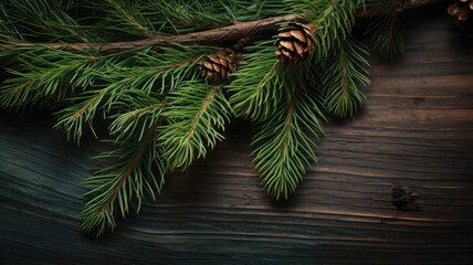 Rustic Wooden Background with Spruce Branch