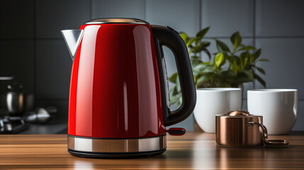 Modern electric kettle, cup and honey on wooden table in kitchen