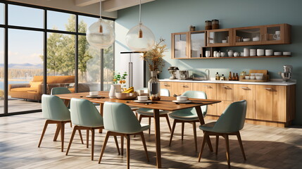 Stylish kitchen interior with dining table and chairs