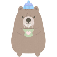 cute brown bear with a cup of tea