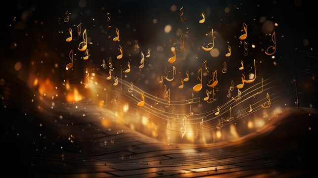 "Capturing the essence of music, this vibrant image showcases musical notes in graceful flight, emerging from a sheet of notation. The dynamic movement of the notes evokes a symphony of sound! AI 