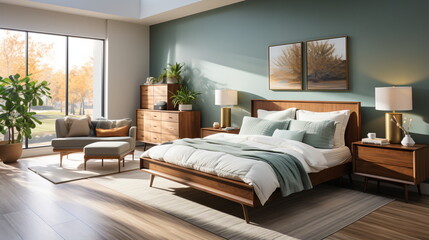 Modern interior of light bedroom with mirror