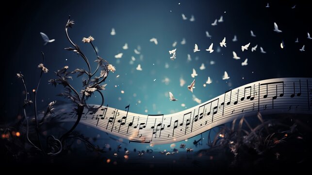 "Capturing the essence of music, this vibrant image showcases musical notes in graceful flight, emerging from a sheet of notation. The dynamic movement of the notes evokes a symphony of sound! AI 