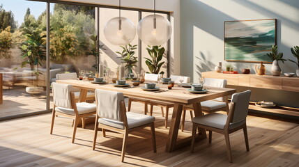 Stylish kitchen interior with dining table and chairs