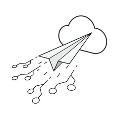 Paper plane with digital circuit as speed motion fly into cloud icon. Cloud communication concept. Vector illustration outline flat design style.