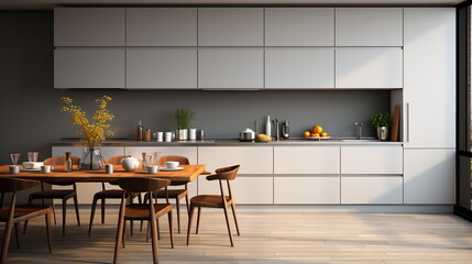 Stylish kitchen interior with dining table and chairs