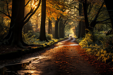 Path in an autumn forest, surrounded by colorful leaves, with a slight mist hanging between the trees