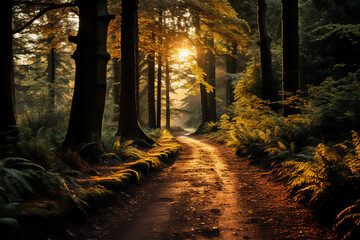 Path in an autumn forest, surrounded by colorful leaves, with a slight mist hanging between the trees