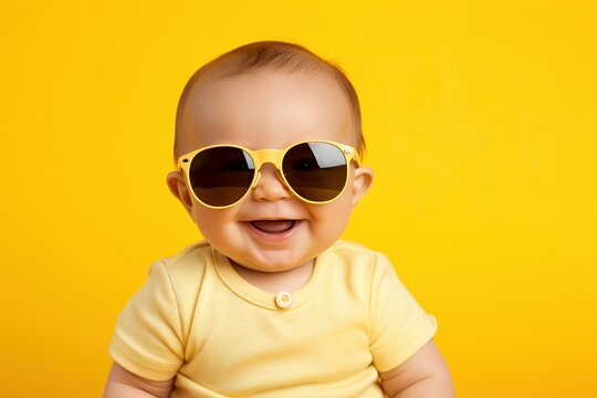 Cute Little Explorer: Baby Boy Sportingly Rocking Surprise Sunglasses with a Spark of Amazement