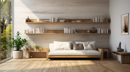 Interior of living room with green houseplants and sofas