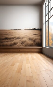 Empty room with wooden floor and photo print wallpaper, Generative AI 