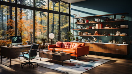 Naklejka premium Interior of living room with green houseplants and sofas