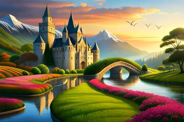 A land of paradise with beautiful gardens, castles, flowers and magical fairies.  background with many flowers in Eden - obrazy, fototapety, plakaty