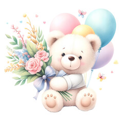 generative ai, Watercolor  Cute teddy bear with colorful balloons and flowers. 
