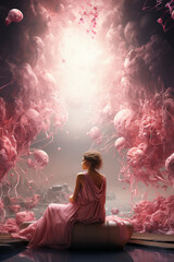 Abstract image of a girl sitting surrounded by cancer cells