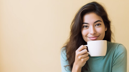 jeune femme brune cheveux long en train de boire un café, studio photo, arrière plan neutre, espace pour texte