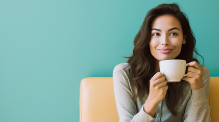 jeune femme brune cheveux long en train de boire un café, studio photo, arrière plan neutre, espace pour texte