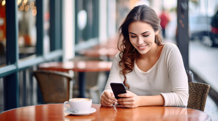 jeune femme souriante en train de consulter son smartphone à la terrasse d'un café en attendant son rendez-vous amoureux