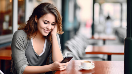 jeune femme souriante en train de consulter son smartphone à la terrasse d'un café en attendant son rendez-vous amoureux - obrazy, fototapety, plakaty