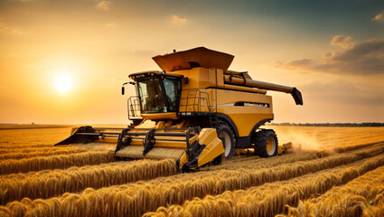 Combine harvester harvests ripe wheat. Harvesting machine in wheat field at sunset. ai generative - obrazy, fototapety, plakaty