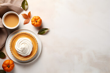 Top down view of fresh pumpkin pie and cup of coffee - obrazy, fototapety, plakaty
