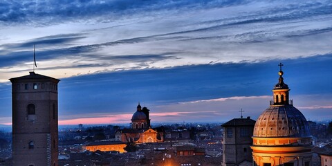 Night aerial view of the city of Reggio Emilia as seen from the tower of the church of San...