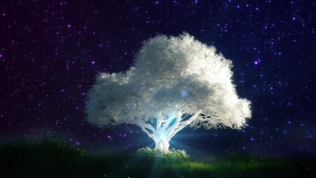 Animated landscape with a glowing white tree and sparkling stars, tree of life concept, seamless loop motion background 4K