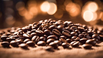 Poster Coffee beans on sackcloth with bokeh background. © wannasak