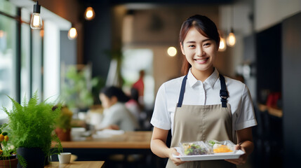 Portrait of an asian waitress serving food to customers in restaurant