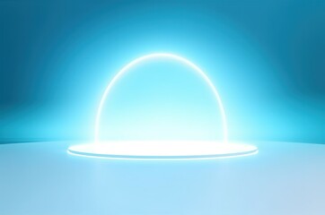 Elegant and calming abstract composition, crafted for product display, highlighting the gentle light blue backdrop and a mesmerizing circular neon glow