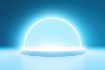 Refined and tasteful abstract scene, tailored for product showcase, featuring a soothing light blue canvas and a captivating circular neon glow