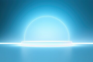 Neat and sophisticated abstract visual, tailor-made for product presentations, featuring a gentle light blue hue and a captivating circular neon glow for added visual interest