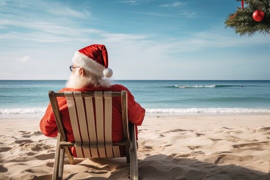 A Santa Claus sitting in a hammock sunbathing on a beach. Concept: Merry Christmas. A warm Christmas due to climate change.