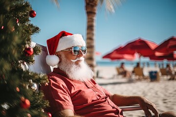 A Santa Claus sitting in a hammock sunbathing on a beach. Concept: Merry Christmas. A warm Christmas due to climate change.