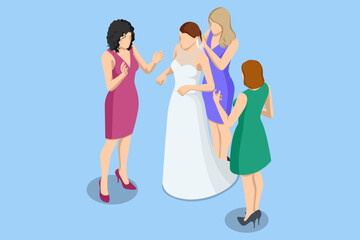Naklejka premium Isometric Bride with bridesmaids on the wedding day. The wedding ceremony